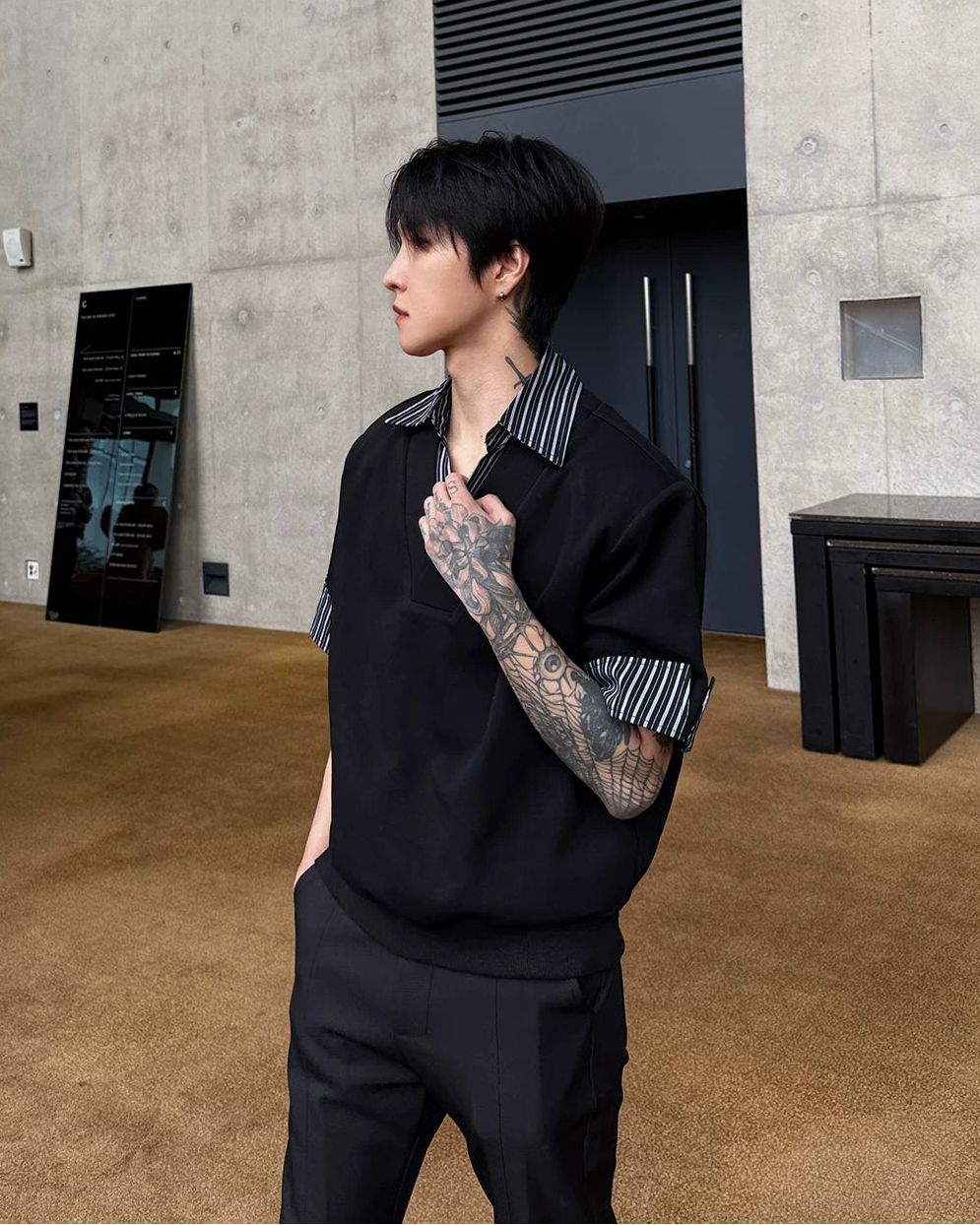 ストライプドッキングVネックシャツ10052