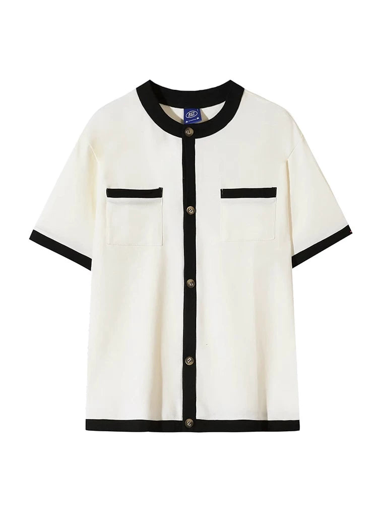 トレンドバイカラーボタンTシャツ10035